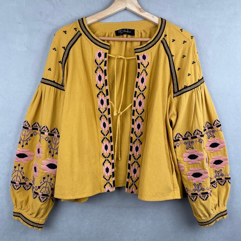 RD+Koko Mustard Yellow Embroidered Cotton Boho Balloon Sleeve Jacket Tie Front